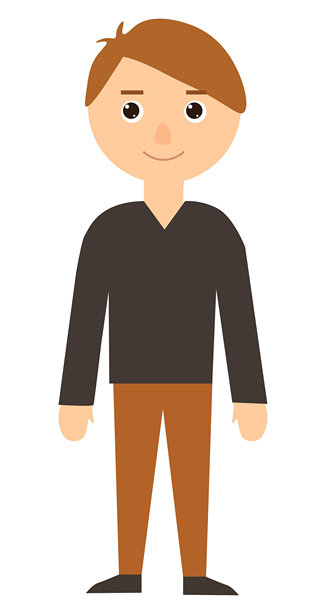 快乐的卡通人物，棕色头发，穿着黑色毛衣和棕色裤子，易于编辑，库存矢量图图片下载