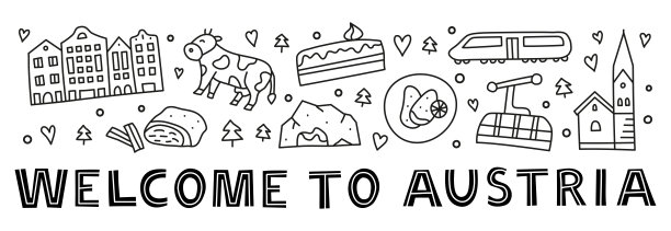 带有字母和涂鸦轮廓的奥地利图标海报。图片下载