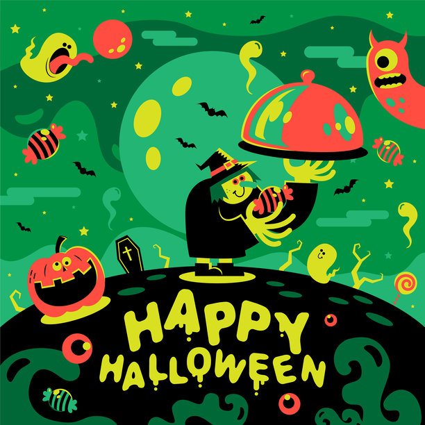 万圣节女巫在圆顶餐盘罩中提供餐点，端着带圆顶盖的托盘，站在山坡上，庆祝万圣节。万圣节背景素材包括满月、蝙蝠、幽灵、棺材、怪物和南瓜灯。异想天开的万圣节盛宴图片下载