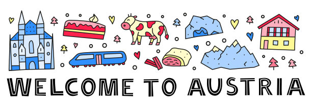 带有字母和涂鸦风格的彩色奥地利图标的海报。图片下载