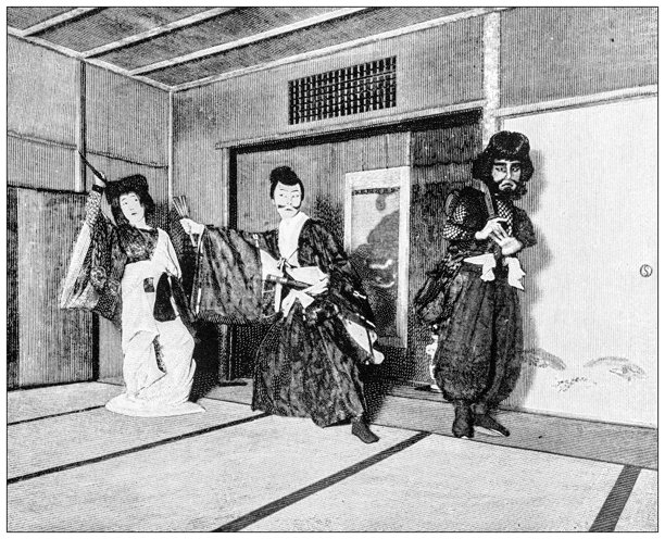 古董图像：穿着传统服饰的日本人肖像图片下载