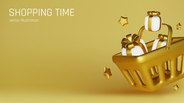 装满商品盒子的食品篮。逼真的蓝色购物车3D物体。购物时光。创意概念设计。网页着陆页、横幅和海报。矢量插图图片下载