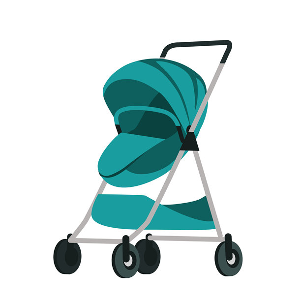 婴儿推车，童车。儿童推车。适合男孩或女孩的水蓝色婴儿车。带遮阳篷的儿童运输工具。可爱的平面矢量插图，透明背景。图片下载