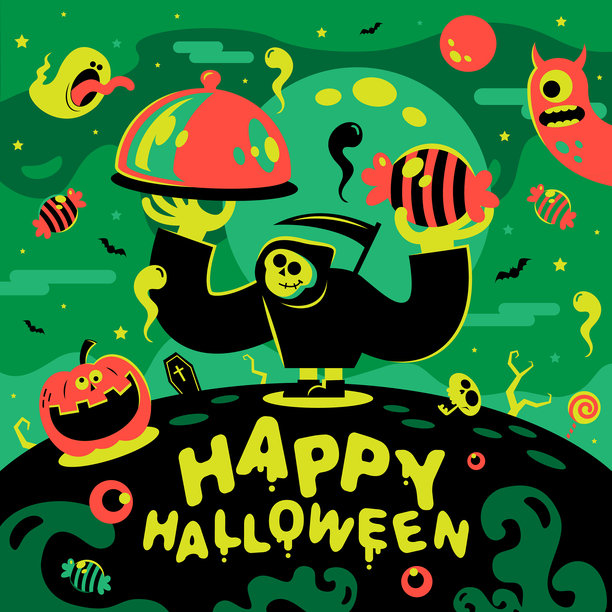 万圣节主题餐饮服务：圆顶餐盘，托盘，山丘背景，满月、蝙蝠、幽灵、棺材、怪物和南瓜灯。异想天开的万圣节盛宴图片下载