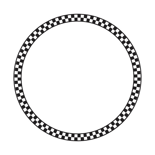 黑白格子印花的圆形框架。带有棋盘、赛车旗或国际象棋棋盘图案的圆形渐变。几何框架。矢量图形插图。图片下载