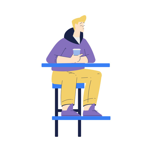 在咖啡馆里坐在椅子上享受咖啡的男人矢量插画图片下载