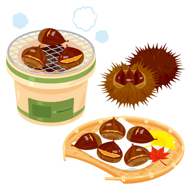 炭火烤栗子和竹筛中的烤栗子图片下载