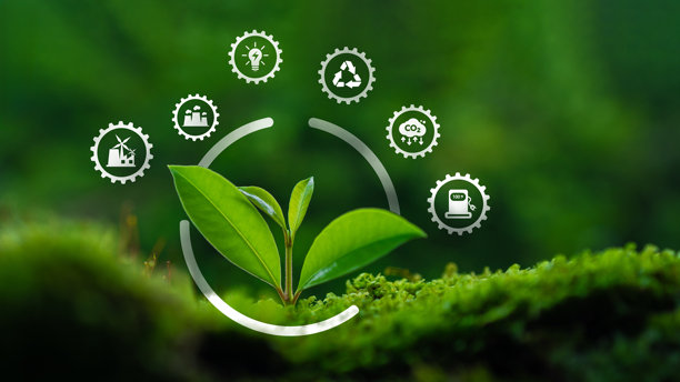 净零温室气体排放与碳中和概念，图标展示净零温室气体排放与生长的幼苗，旨在实现温室气体排放目标的长期温室气体中和战略，背景为绿色森林。图片下载