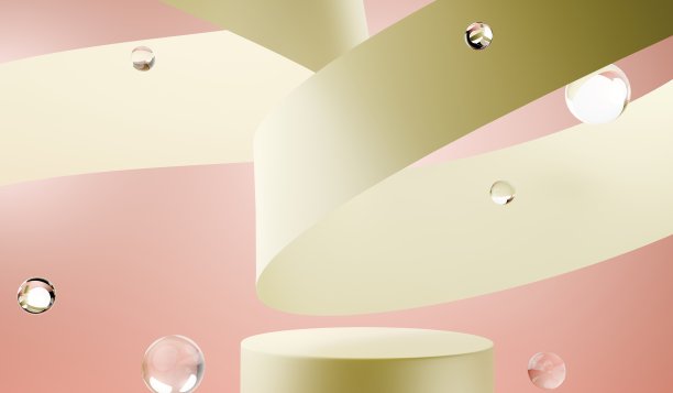 圆形讲台，缠绕的丝带，极简主义墙面背景，展示架，产品展示台，现代空置的化妆品展示架，时尚杂志，留白，3D插图图片下载