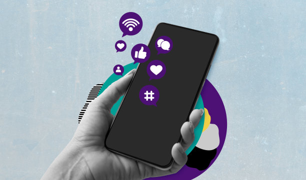 黑色空白手机屏幕。手握智能手机的符号，社交网络中的互动。艺术拼贴数字流行现代艺术图片下载