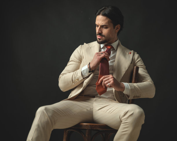 坐着的男性模特特写，正在整理他的红色领带图片下载