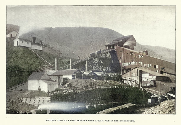 煤矿开采历史，煤矿破碎机与煤渣堆，宾夕法尼亚州，美国，维多利亚时代，1890年代，19世纪的复古照片。图片下载