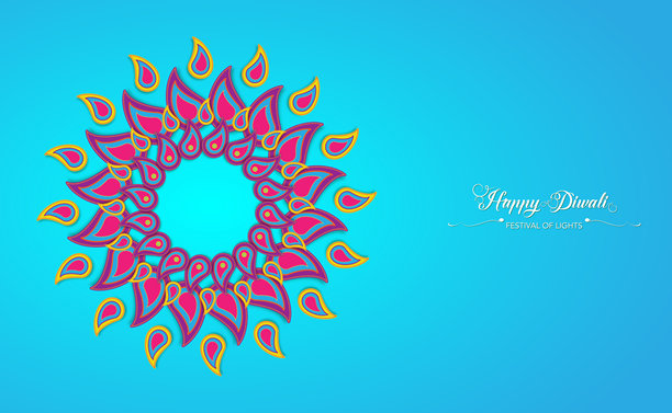 快乐的排灯节，印度灯光庆典，色彩丰富的模板。印度油灯曼荼罗的图形横幅设计，纸切边框设计。矢量节日独立蓝色背景。图片下载