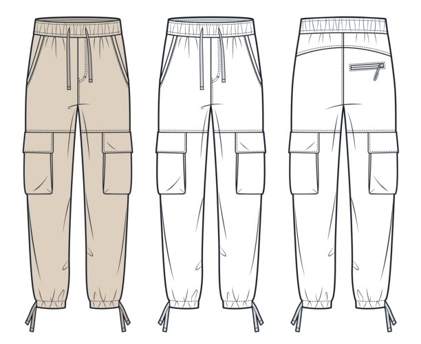 运动裤时尚平面技术图纸模板。工装裤技术时尚插图，侧口袋，弹性腰带，正面和背面视图，白色，米色，男女通用CAD模型套件。图片下载