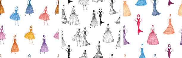 无缝图案的卡通瘦年轻女性穿着晚礼服，时尚背景，壁纸，纸张，纺织品图片下载