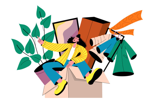 年轻女性搬到新公寓。女孩坐在装满家具和物品的大纸箱上。搬家概念。图片下载