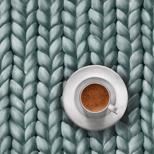 针织面料无缝图案，格子，毛毯，带有咖啡杯和碟子的针织图案。水彩插图。适用于您的博客、社交媒体页面和毛线商店的设计。图片下载