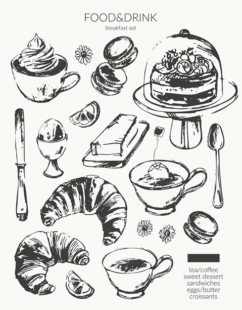 手绘矢量食品墨水素描插图。茶、咖啡、早餐可颂、鸡蛋、黄油、甜点、蛋糕架、杯子、马卡龙、茶包图片下载
