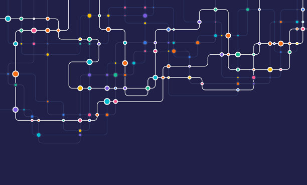 电路连接线和点：网络技术和连接概念，去中心化网络节点连接图片下载