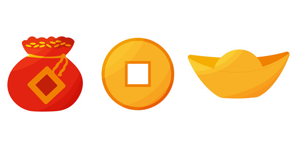 一套中国货币。硬币、装有金子的红袋子、金条。银行系统。礼品套装。亚洲文化。元素集合，符号在白色背景上孤立。手绘矢量插图。图片下载