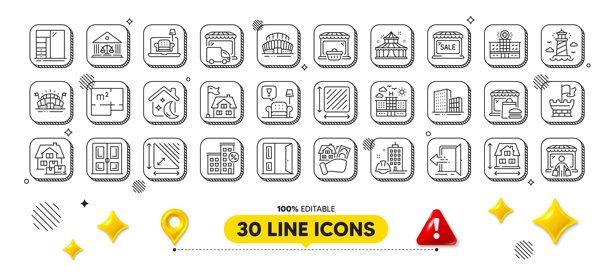户型图、灯塔和货车线条图标素材，用于Web应用程序，3D设计元素矢量图图片下载