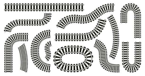 铁路轨道俯视图：隔离的扁平化运输和道路元素矢量素材图片下载