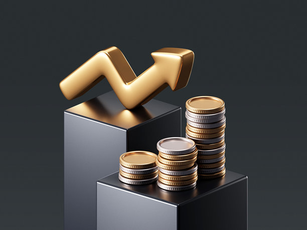 金融商业利润增长的3D经济背景，带有向上的箭头，象征成功的股票投资、货币图标、财富交换、现金、硬币、收益和价格目标概念。图片下载