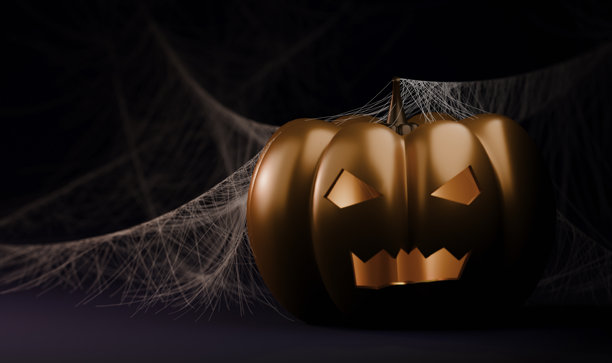 邪恶的万圣节南瓜与蜘蛛网在黑暗而阴森的场景中图片下载