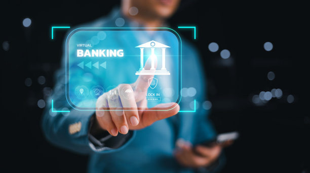 虚拟银行转型网络。在线银行账户技术概念。未来数字业务，创新的金融数据管理。商人触摸互联网银行应用的虚拟屏幕。图片下载