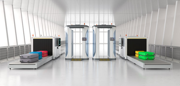 机场安检通道，配有安检门和扫描仪器图片下载