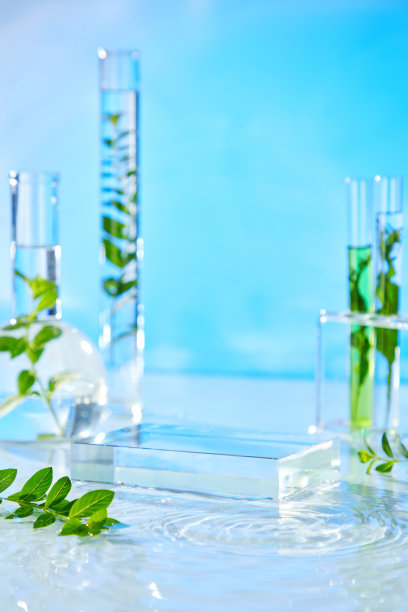 玻璃瓶中盛放着新鲜的枝条，背景是干净的蓝色，旁边是一个玻璃底座，底座上有产品展示空间，位于轻柔起伏的水面上。图片下载