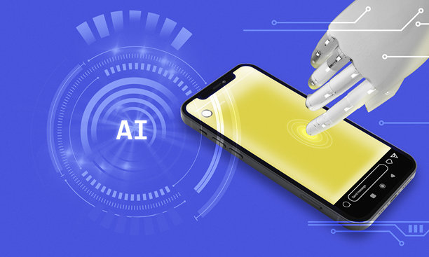 机器人手触摸手机，人工智能智能手机技术概念图片下载