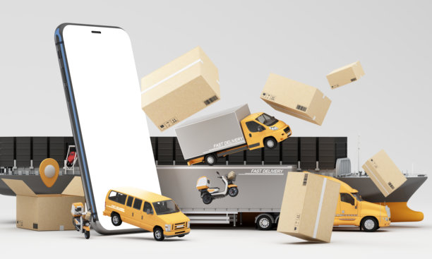 现代物流和交付系统，卡车、货车、踏板车和包裹，通过智能手机集成展示高效的在线运输解决方案3D渲染图片下载