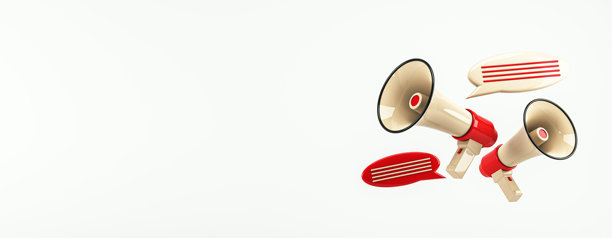 带有对话气泡的扩音器，背景为浅色。3D渲染。图片下载