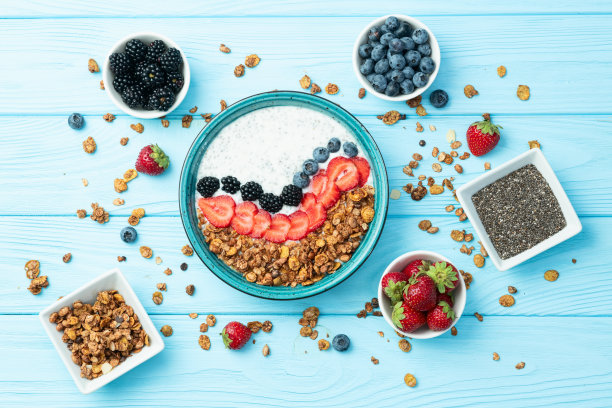 健康早餐。酸奶配浆果（草莓、覆盆子、蓝莓、黑莓）、燕麦片和奇亚籽。俯视图图片下载