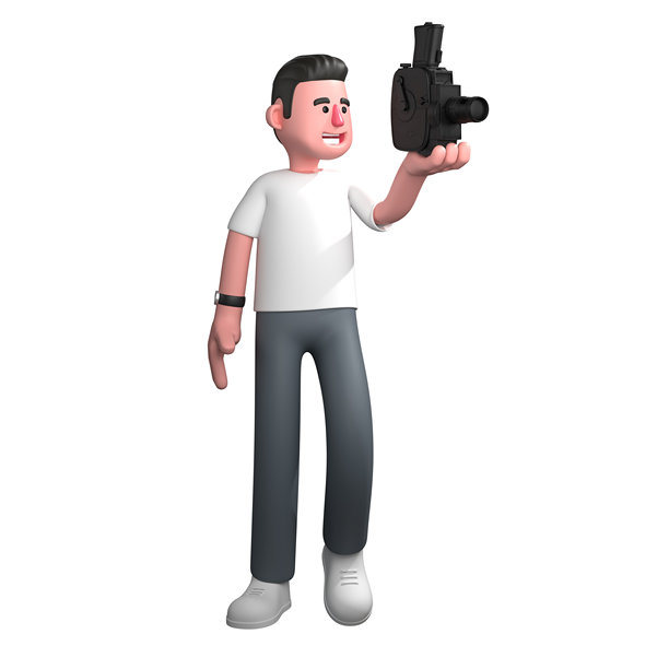 插画风格的3D摄影师。一位男性摄影师站着，手中拿着一台经典的胶卷相机。男性摄影专家卡通形象。图片下载