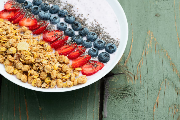 健康早餐。酸奶配浆果（草莓、覆盆子、蓝莓、黑莓）、燕麦片和奇亚籽。俯视图图片下载