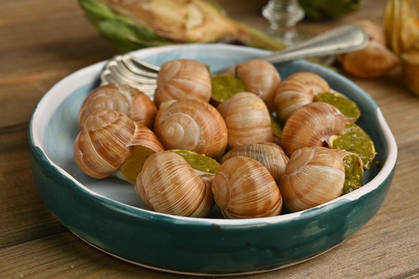 宏观蜗牛与香蒜酱的照片，上面是蜗牛配罗勒香蒜酱、帕尔马干酪和松子。图片下载