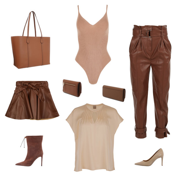 棕色女式皮革服装、蕾丝内衣和鞋子套装图片下载