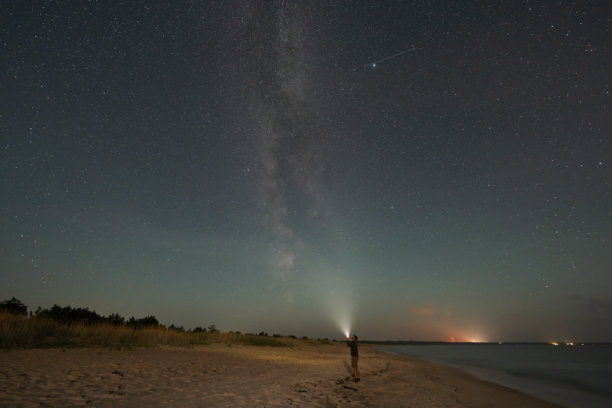 手持手电筒的男子站在沙滩上，仰望星空和银河。图片下载
