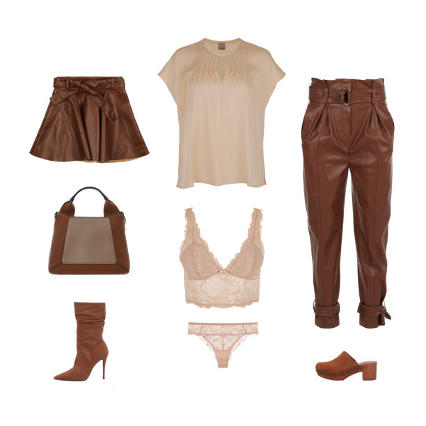 棕色女式皮革服装、丝绸和蕾丝内衣及鞋子组合图片下载