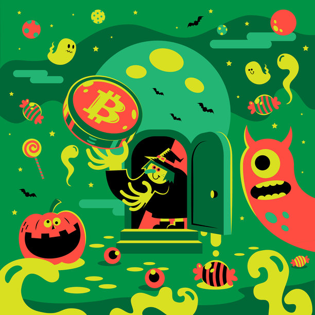 巫婆打开门展示金钱，异想天开的万圣节，背景是满月、蝙蝠、鬼魂、怪物和南瓜灯图片下载