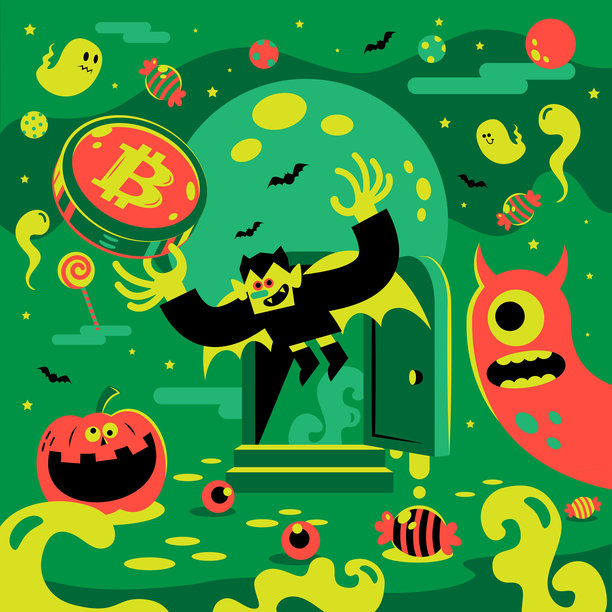 吸血鬼王子打开门展示金钱，异想天开的万圣节，满月、蝙蝠、鬼魂、怪物和南瓜灯笼的万圣节背景图片下载