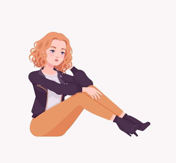 穿着城市秋季夹克的美丽卷发年轻女性坐在地上图片下载