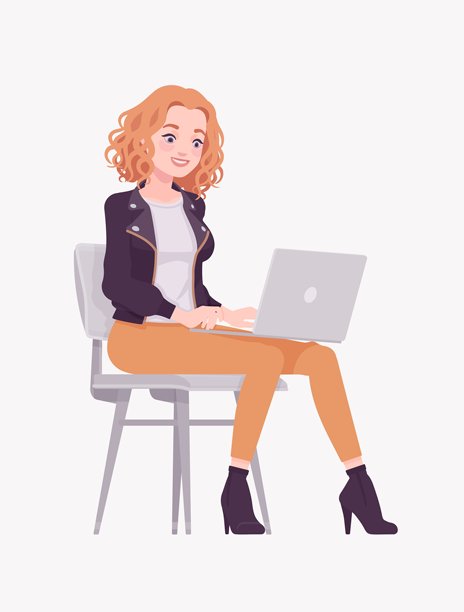 卷发女性坐在椅子上，穿着城市秋季外套，使用笔记本电脑。图片下载