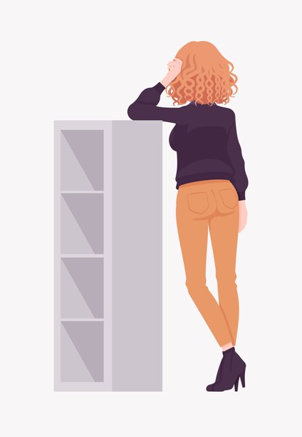 城市秋季夹克的卷发女性靠在椅子上站立，背对着镜头。图片下载