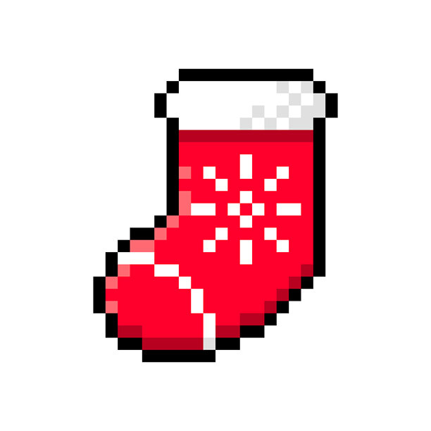 带雪花的传统圣诞袜，孤立在白色背景上。经典的圣诞长袜图标。16位复古风格的新年元素的像素艺术插图。图片下载