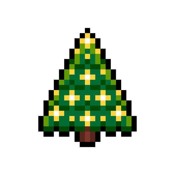 带有黄色灯光的圣诞树，孤立在白色背景上。冬季主题图标。16位复古风格的新年元素的像素艺术插图。图片下载