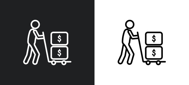 白色和黑色的轮廓图标，男人携带现金。来自商业系列的男人携带现金平面矢量图标，适用于网页、移动应用和用户界面。图片下载