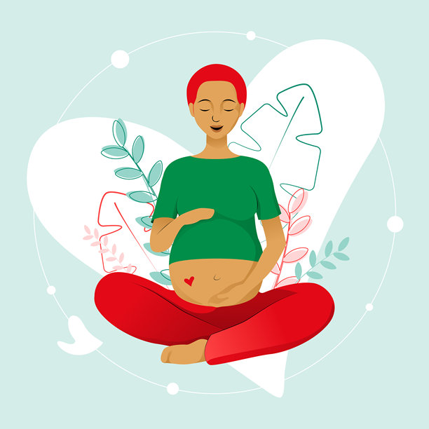 微笑的红发孕妇穿着牛仔裤，双腿盘坐在花卉背景下，温柔地抱着她的肚子。图片下载